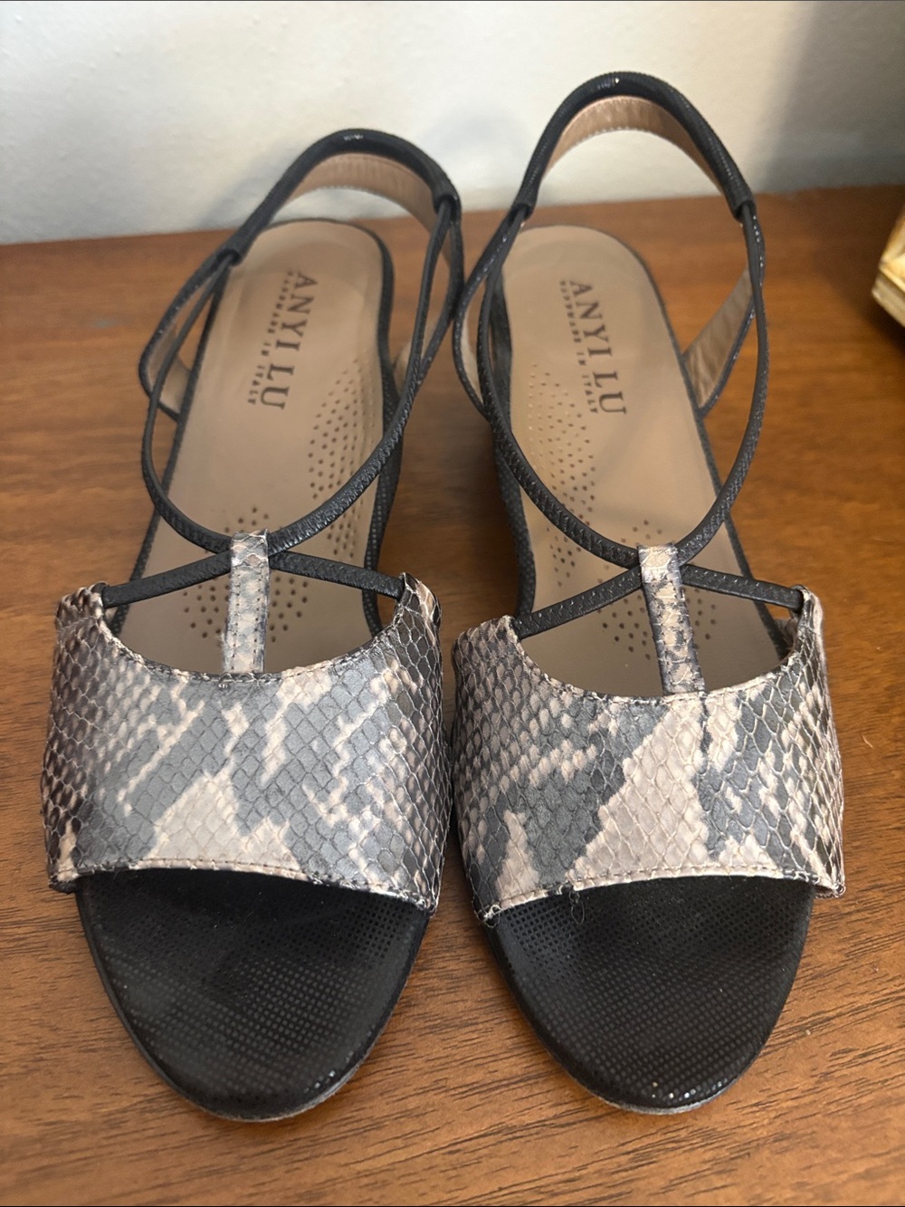 ANYI LU Black Strappy Sandals with Gray Snake-Print Front